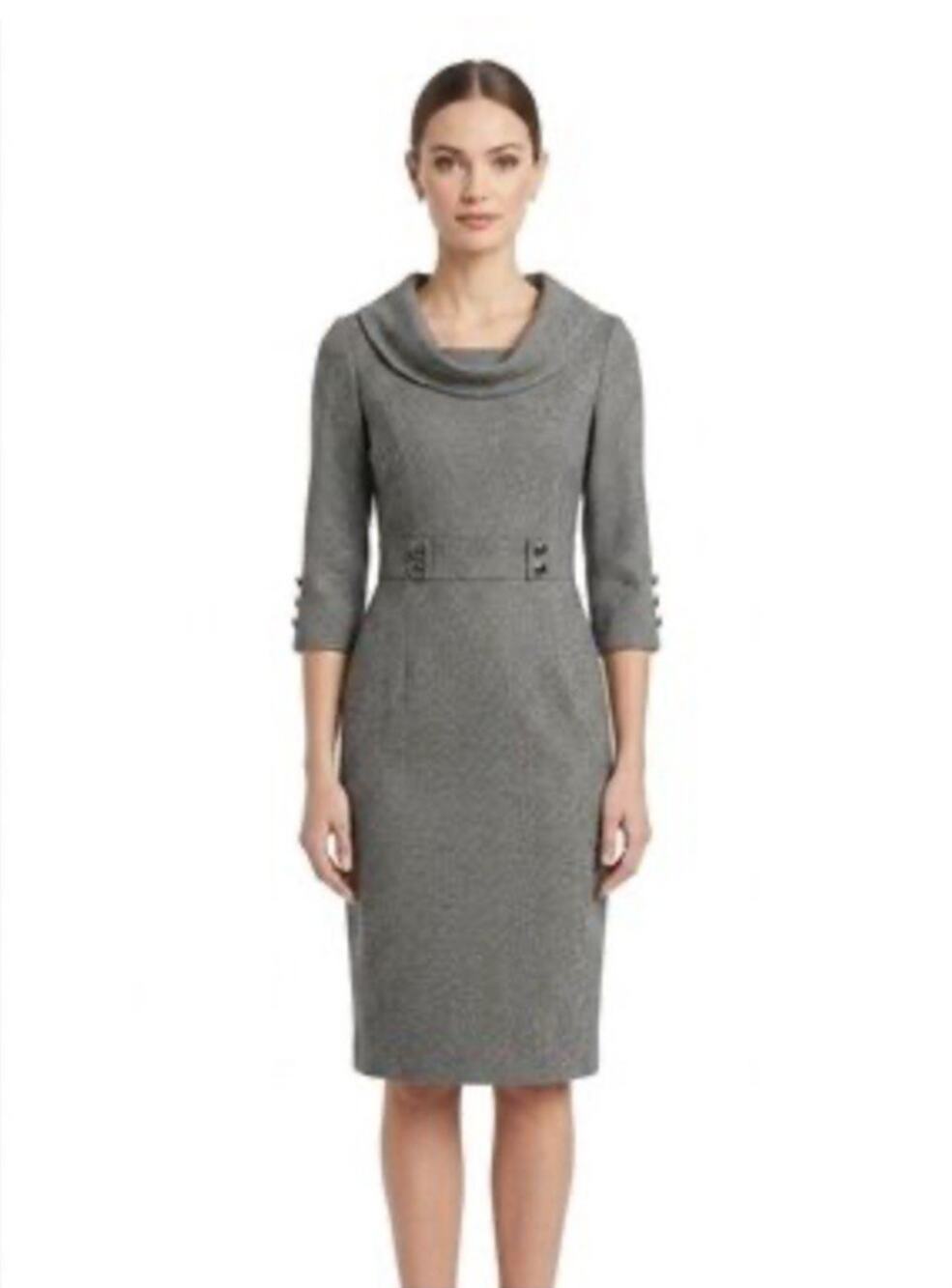 Antonio Melani Grey Herringbone Sheath Dress 3/4 Sleeves Corporate Chic Size 10